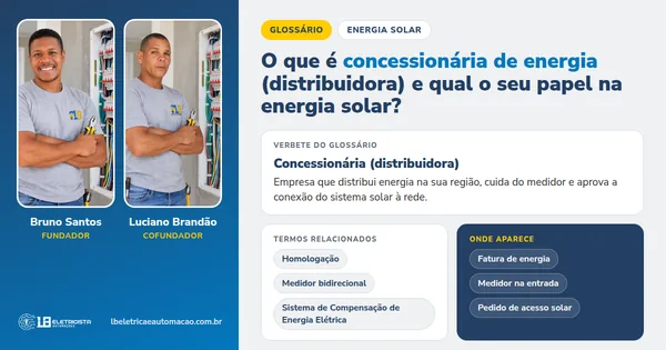 Infográfico do verbete Concessionária (distribuidora): definição, termos relacionados e onde aparece, com Bruno Santos e Luciano Brandão, fundadores da LB