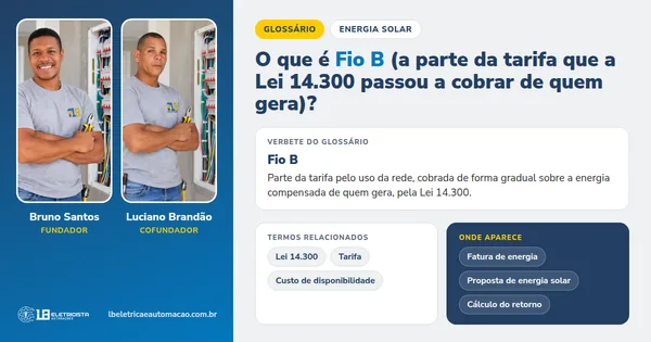 Infográfico do verbete Fio B: definição, termos relacionados e onde aparece, com Bruno Santos e Luciano Brandão, fundadores da LB