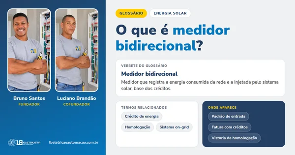 Infográfico do verbete Medidor bidirecional: definição, termos relacionados e onde aparece, com Bruno Santos e Luciano Brandão, fundadores da LB