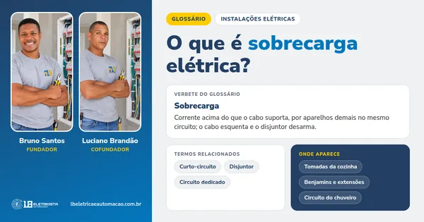 Infográfico do verbete Sobrecarga: definição, termos relacionados e onde aparece, com Bruno Santos e Luciano Brandão, fundadores da LB