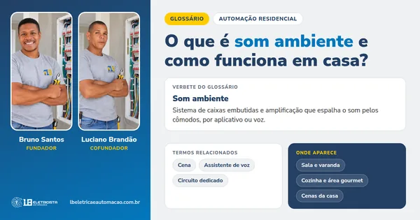 Infográfico do verbete Som ambiente: definição, termos relacionados e onde aparece, com Bruno Santos e Luciano Brandão, fundadores da LB