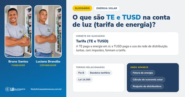 Infográfico do verbete Tarifa (TE e TUSD): definição, termos relacionados e onde aparece, com Bruno Santos e Luciano Brandão, fundadores da LB